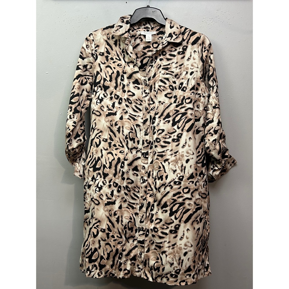Motherhood Maternity Shirt Dress Women Small Tan Black Leopard Print Button